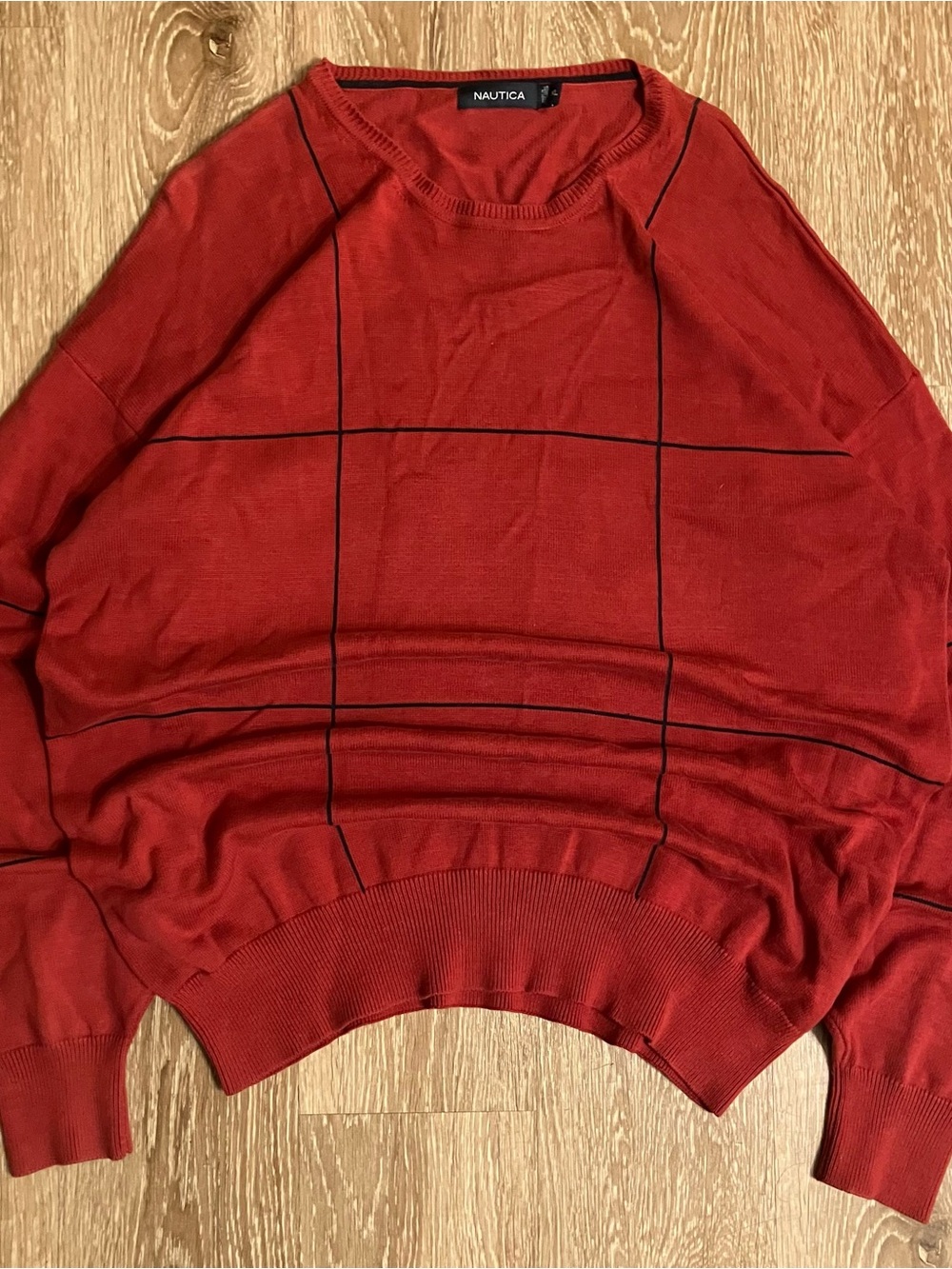 Vintage window pane Nautica Red With Stripes sweater XL 100% Cotton Preppy